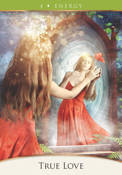 tarot korta su raudona suknele, moters atspindys veidrodyje laiko aguoną ir simbolizuoja tikrą meilę