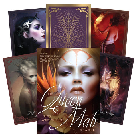 Queen Mab orakulo kortų rinkinys Tess Whitehurst — aukso ir violetinė pakuotė su keliomis iliustruotomis iliustruotomis kortomis