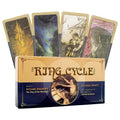 Tarot kortos The Ring Cycle (Allegra Printz) – dėžutė su penkiomis fanuotomis kortomis išdėstytomis už dėžutės priekinės dalies.
