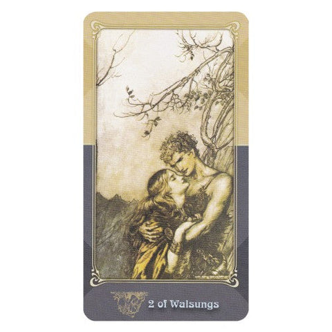 Tarot korta 2 of Walsungs su sepia iliustracija mylinčios poros apsikabinimu, vertikali, skirta kortų skaitymams
