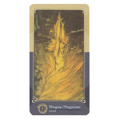 Tarot korta Magas, geltonai oranžinė kylanti liepsnos figūra ir dekoratyvinis rėmas, kortos dizainas parduotuvės variante