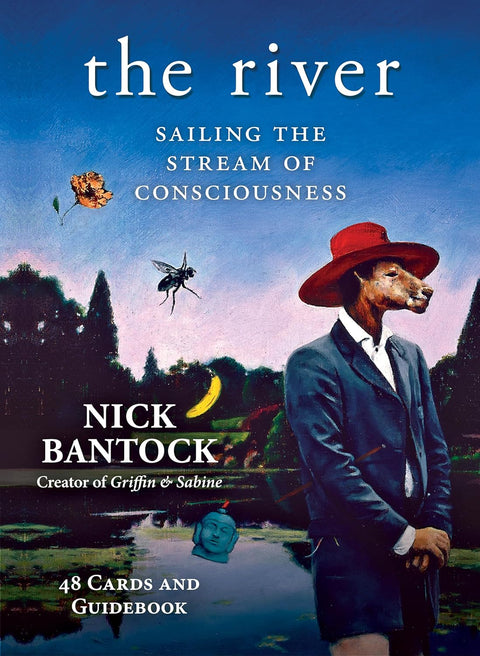 Kortų rinkinys The River Nick Bantock — 48 kortų ir gidukas, mėlynas viršelis su antžmogio galva ir raudonu skrybėliu