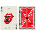 Rolling Stones žaidimo kortos raudonai baltos, parodytas tūzo pikų priekinis dizainas ir britiškos vėliavos nugarėlė