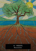 tarot korta Roots (11) – medžio su giliosiomis šaknimis ir saule, simbolizuojanti susivienijimą ir atgaivinimą