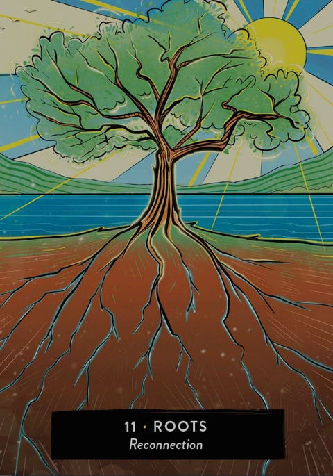 tarot korta Roots (11) – medžio su giliosiomis šaknimis ir saule, simbolizuojanti susivienijimą ir atgaivinimą