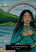 Orakulo korta Calling iš Sacred Medicine rinkinio, žalia moteris prie ežero su vaivorykšte, unikali korta galerijoje