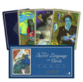 tarot kortos The Secret Language of Birds komplektas mėlyname dėkle su išskleistomis keturiomis spalvingomis kortomis