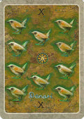 Tarot korta Denari X, auksinės‑žalios nugarėlės variantas su dešimt mažų paukščiukų ir saulės ženkleliu centre, kolekcijai