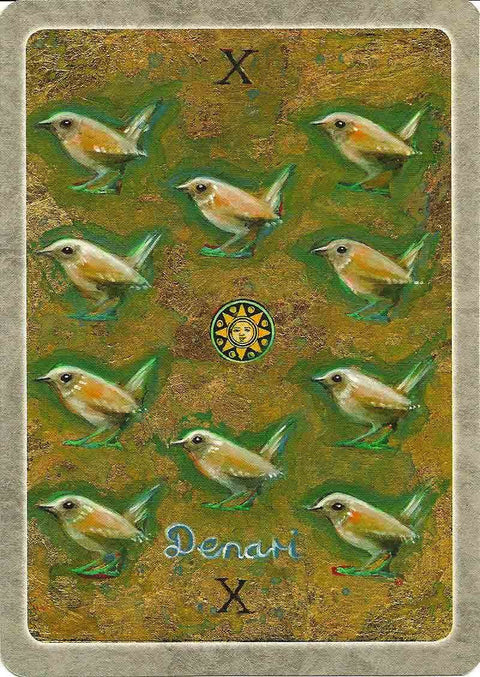 Tarot korta Denari X, auksinės‑žalios nugarėlės variantas su dešimt mažų paukščiukų ir saulės ženkleliu centre, kolekcijai