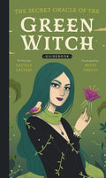 knyga Green Witch – žalio viršelio leidimas su iliustruota raganės figūra ir gėlės motyvais, parodyta vertikaliame kadre, skirta produkto viršeliui