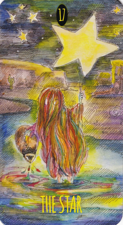 tarot korta Žvaigždė, akvarelinė kompozicija: moteris pila indą prie vandens po didžiule žvaigžde, vertikalus variantas