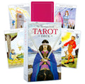 Sharman‑Caselli Tarot pakelio priekinis vaizdas su penkiomis išdėstytomis kortomis fone, ryškios spalvos