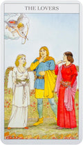 Tarot korta Meilužiai, Rider–Waite stiliaus spalvota priekinė pusė su trijų figūrų scena ir amūru viršuje