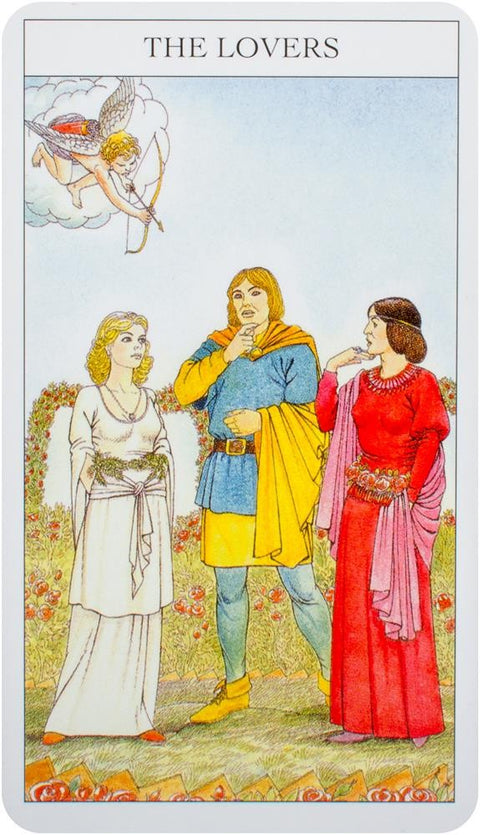 Tarot korta Meilužiai, Rider–Waite stiliaus spalvota priekinė pusė su trijų figūrų scena ir amūru viršuje