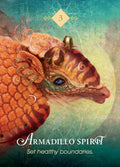 Orakulo korta Armadillo Spirit — oranžinė ir žalsva iliustracija su šarvuoto gyvūno profiliu, skatinanti nustatyti sveikas ribas, numeris 3