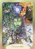 Tarot korta Žaliasis žmogus — žalio veido figūra apsupta meškos, elnio, lapės, mėnulio ir rudeniškų lapų, pabrėžianti gamtos atsinaujinimą
