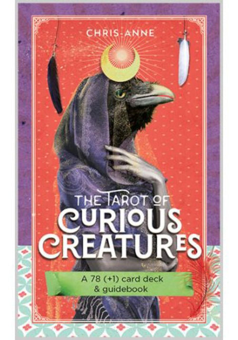 Taro kortų rinkinys Curious Creatures su 78 plius 1 kortomis ir gidine knygele, raudonos dėžutės viršelyje gobtuvas su varno galva