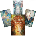 tarot kortos Enchanted Dreams, dėžutė su iliustruotu viršeliu ir keturių pavyzdinių kortų išklotinė