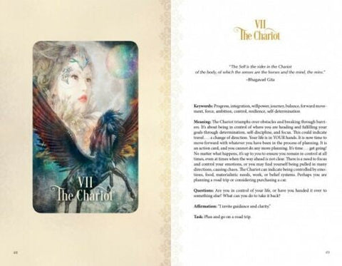 tarot korta VII "Vežimas" su ornamentuota iliustracija kairėje ir išsamus aiškinimas su raktiniais žodžiais dešinėje