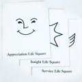 Life Square kortelės, baltas rinkinys su minimalistinėmis juodomis piktogramomis ir užrašais "Appreciation", "Insight", "Service"