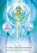 Tarot korta Justice/Adjustment, mėlyno–žalsva paletė, stovinti moteris su svarstyklėmis ir simboliniu mėnuliu