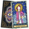tarot korta Temperance iš spalvingo taro rinkinio, matomas kortos priekinis paveikslas ir dekoruota nugarėlė