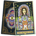 Tarot kortos, atversta The Mother Star korta su moters ir katės iliustracija, matoma ir juoda nugarėlė su akių ornamentu