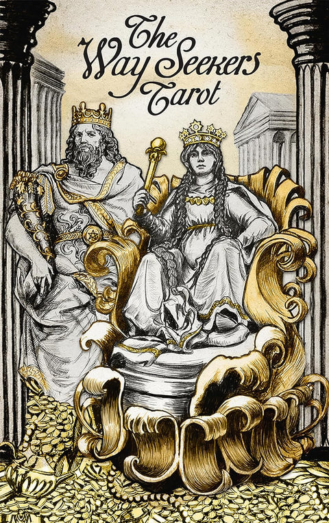tarot kortos The Way Seekers, priekis: vertikalus dėklo viršelis su auksiniais akcentais ir karališka pora