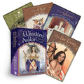 Orakulo kortos Wisdom of Avalon, 52 kortų rinkinys autorės Colette Baron‑Reid violetinėje dėžutėje, pademonstruotos Karalienė, Pelėda ir Ugninė fėja kortos