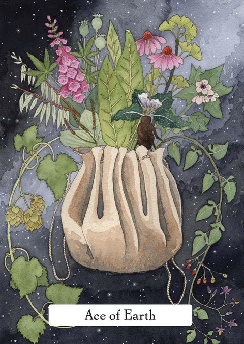 Tarot korta Ace of Earth su augalų puokšte ir smėlio spalvos maišeliu ant tamsaus žvaigždėto fono