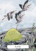 Tarot korta akvarelė "3 of Air" su trimis skrendančiais paukščiais, pilkai‑melsvais atspalviais ir žaliu samaniniu kalneliu fone