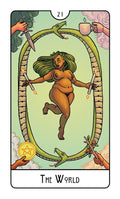 tarot korta „Pasaulis“ — vertikalus priekis su žaliai plaukuota nusirengusia figūra viduje ouroboros rėmo ir keturiais elementų simboliais kampuose