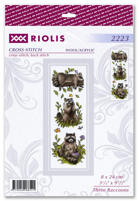 kryželių rinkinys Riolis, vilna/akrilas, 8×24 cm — trijų meškėnų vertikalus motyvas skirtukams
