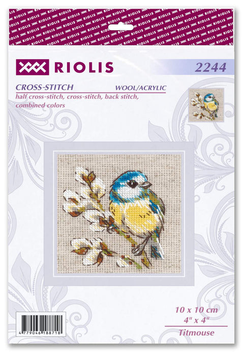 Kryželių rinkinys Riolis 10×10 cm su mėlynos ir geltonos zylutės dizainu ant drobės, pateiktas pakuotėje