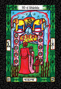 Tarot korta „10 skydų“: rankų darbo ryški iliustracija — šeima prie arkos su geltonais drambliais, žalia rėma