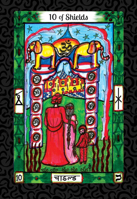 Tarot korta „10 skydų“: rankų darbo ryški iliustracija — šeima prie arkos su geltonais drambliais, žalia rėma