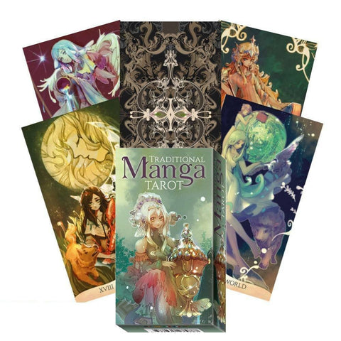 Manga tarot kortos „Traditional“, dėžutė priekyje ir keli spalvingi anime stiliaus kortų vaizdai, parodyti išskleisti ir su unikalia fasado kompozicija