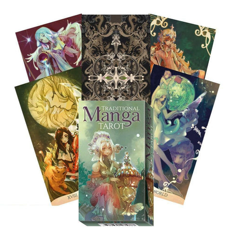 Manga Tarot kortų rinkinys, žalia dėžutė priekyje ir fanuotos spalvingos manga iliustracijos kortos už nugaros