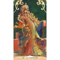 Tarot korta The Empress piešinys ilgais auksiniais tonais, detalus vertikalus iliustracijos variantas su karūna ir gėlėmis