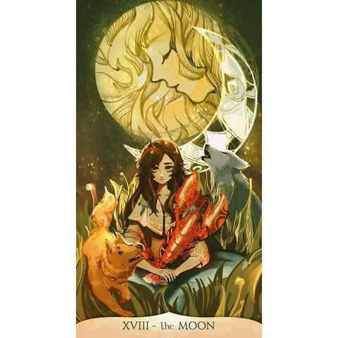 Tarot korta Mėnulis – vertikalus iliustruotas plakatas su mergina, raudonu vėžiagyviu, auksiniu mėnuliu, lapiu ir vilku