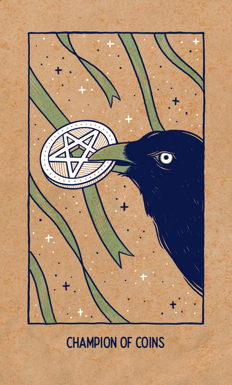 tarot korta Champion of Coins, juoda varna laikanti pentaklio monetą ant rudoko fono su žaliais juostelėmis