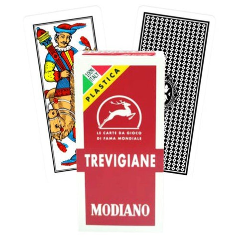 Modiano Trevigiane kortos, raudonas dėklas, plastikinės itališkos kortos su tradiciniu kareiviu priekinėje ir ornamentine nugarėle