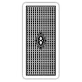 Kortų nugarėlė juodos ir baltos geometrinės raštų, vertikalus formatas su centrine ovalia emblema ir plonu baltu rėmeliu
