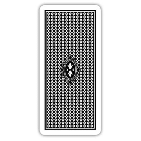 Kortų nugarėlė juodos ir baltos geometrinės raštų, vertikalus formatas su centrine ovalia emblema ir plonu baltu rėmeliu