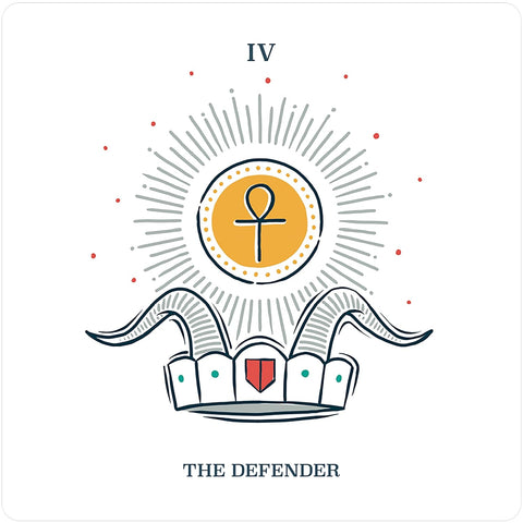 tarot korta The Defender (IV) minimalistinė su karūna, ankh simboliu ir saulės spinduliais, balto fono