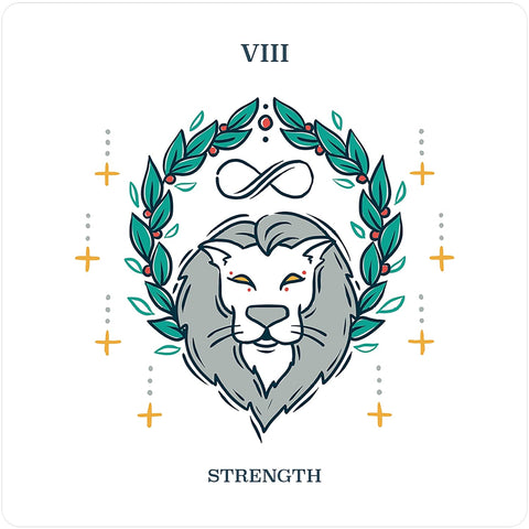 Tarot korta Jėga su pilkai mėlynu liūto portretu, žaliu lauro vainiku, begalybės simboliu ir auksiniais akcentais