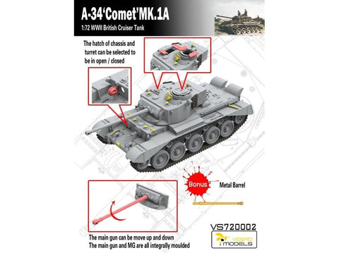 VESPID A-34 Comet MK.1A britų kruizinis tankas 1/72 plastikinis modelis