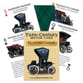 Žaidimo kortų rinkinys Turn of the Century Motor Cars – dėžutės priekis ir fanuotos kortos su senovinių automobilių iliustracijomis ir trumpais aprašymais