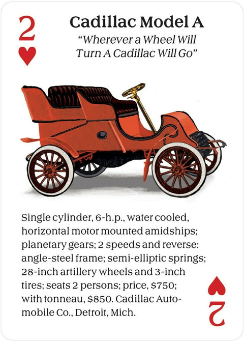 Cadillac Model A raudonas dvivietis automobilis — reklaminėje kortelėje nurodytos techninės detalės: viencilindris variklis, 28 colių ratai, kaina