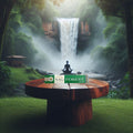 Smilkalai Golden Nag Forest žalia pakuotė ant medinio stalo prie krioklio, miško aromatas meditacijai ir ramybei